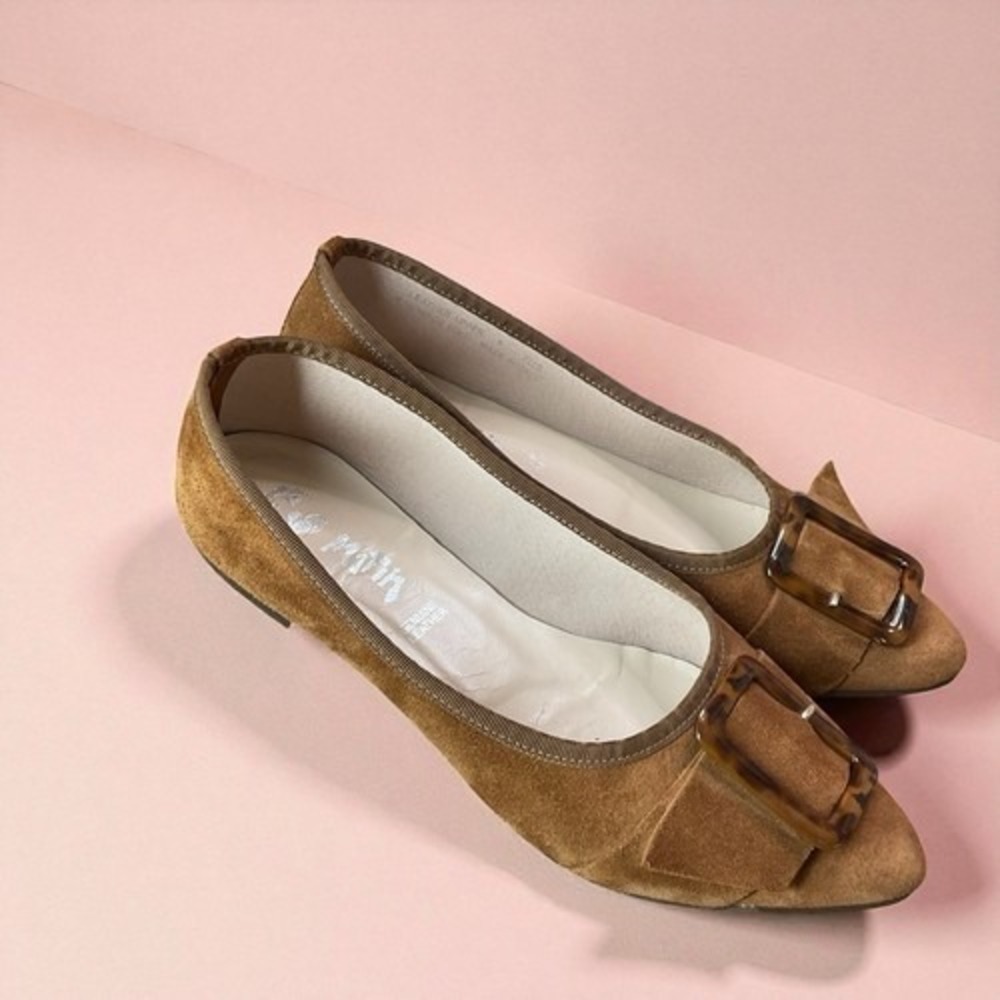 Le Matin Brown/Tan Buckle‎ Pointy Toe Ballet Flats Women 9 Italy Leather